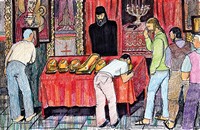 Поклонение святым мощам в монастыре Кутлумуш. Они хранятся в алтаре, и выносят их, очевидно, не всегда.  Нам очень повезло прикоснуться к великим святыням