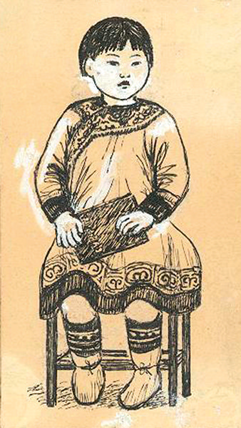 Нанайская девочка с букварем. 1930-е.  Рисунок к нанайскому букварю