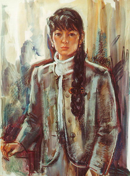 Женщина в белой блузе (портрет Раи Тян). 1996  Бумага, акварель, пастель.  55 х 46 